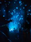 People at a concert reaching out to smoke bubbles. Art Print